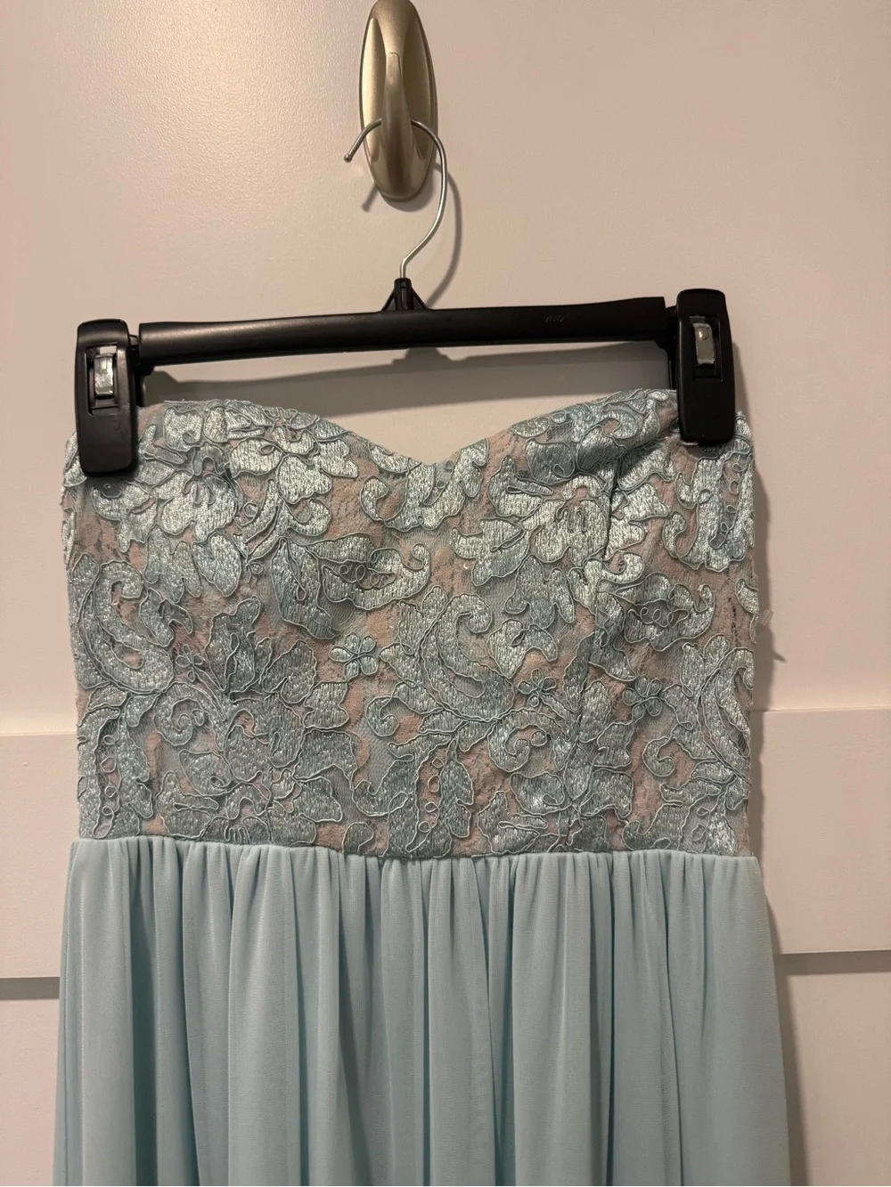 Speechless Strapless Lace & Chiffon Gown in Dust Blue